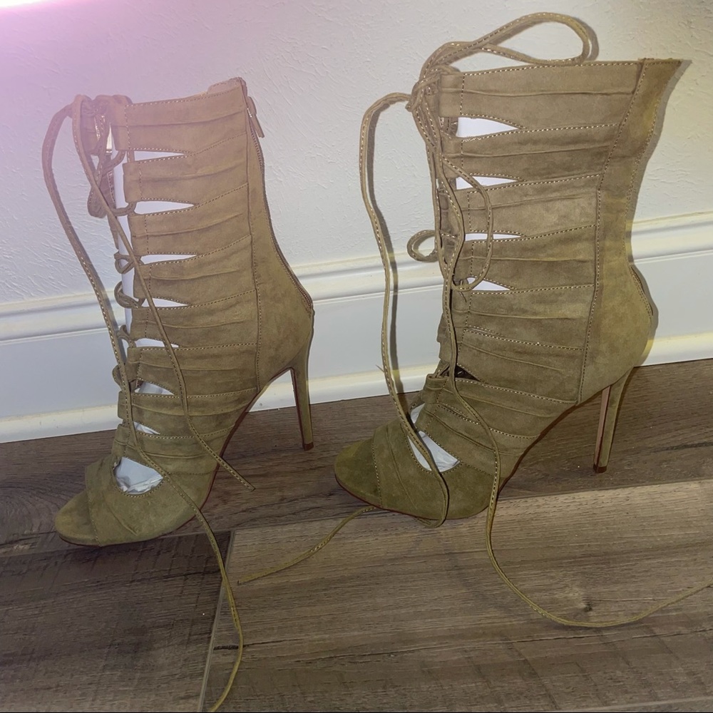 Olive lace up sandal heels
